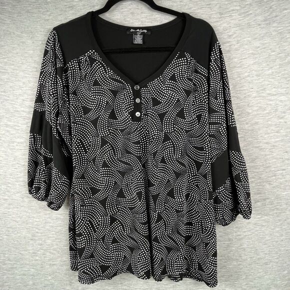 Elie McCarthy Size 2x Slinky Black And White Geometric Pattern Blouse 3/4 Sleeve - Picture 1 of 10
